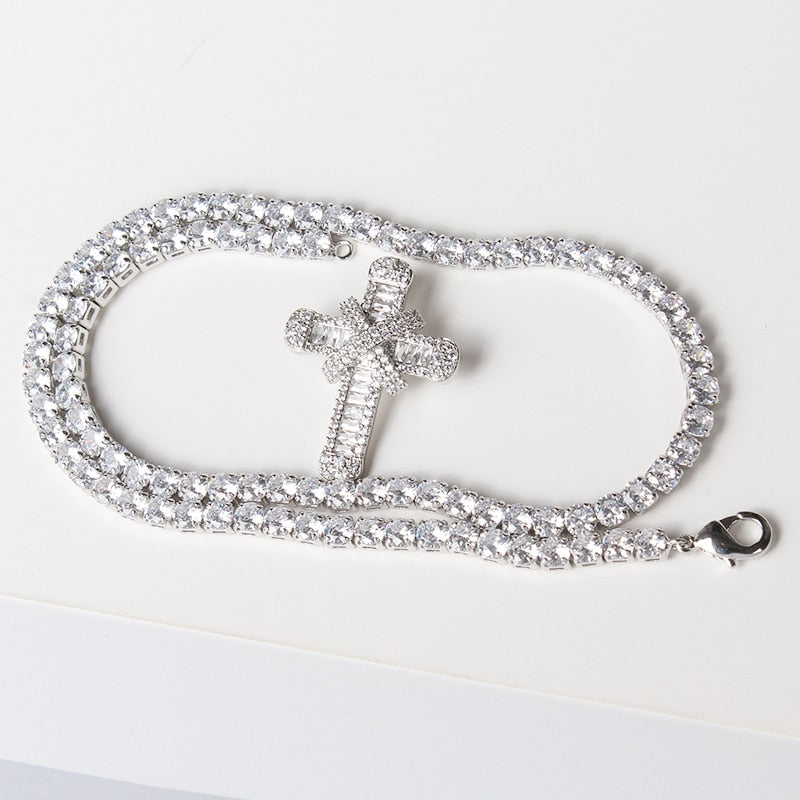 Unisex Cubic Zirconia Cross Tennis Pendant Necklace Chain