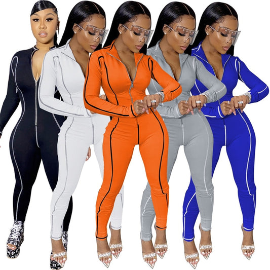 Striped Turn-Down Collar Long Sleeve Fitness Workout Skin Tight Zipper Jumpsuit