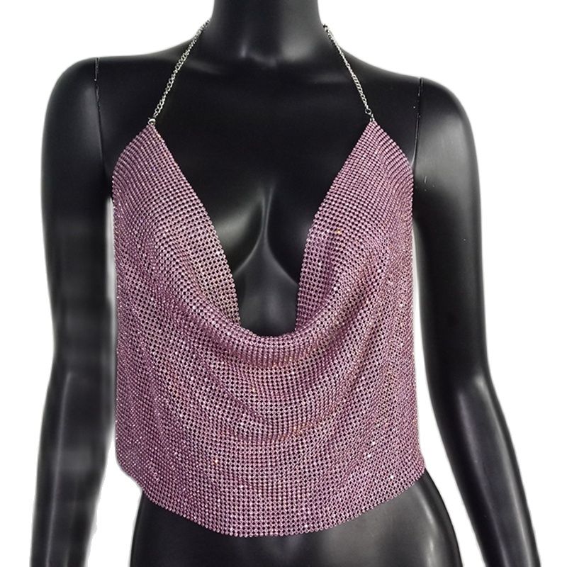 Sparkiing Rhinestone Backless Crop V-Neck Diamond Metal Tank Top