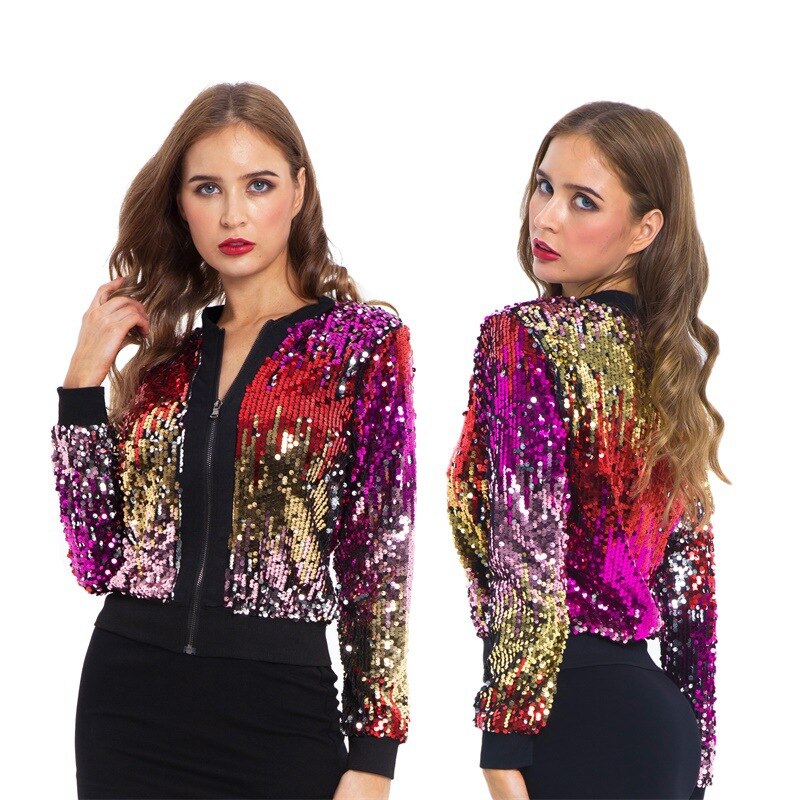 Sequin Gradient Beaded Zipper Cardigan Bomber Jackets