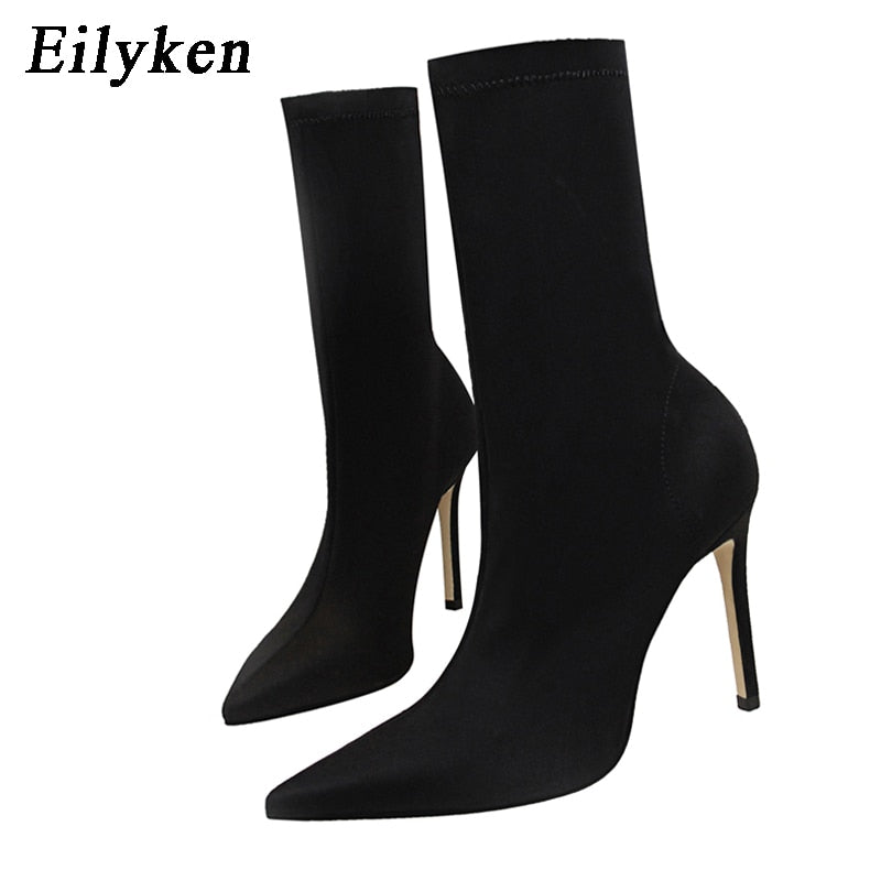 Stretch Fabric Pointed Toe Stiletto Ankle Boots