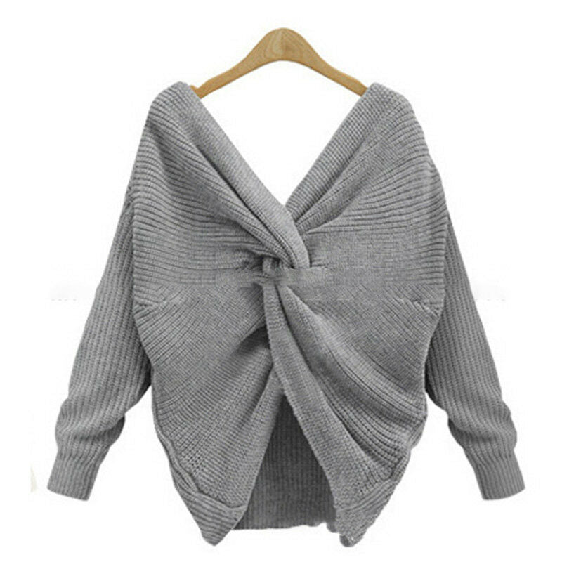 Twist Wrap Back Cross Knot Long Sleeve V-Neck Knitted Sweater