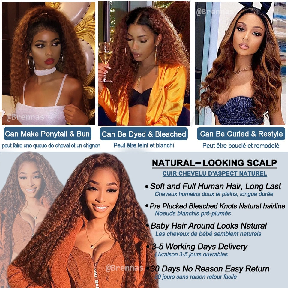 Ombre Curly Brazilian Remy Lacefront 100% Human Hair 1B33 Color 13x4 Lace Frontal Pre-Plucked Wig