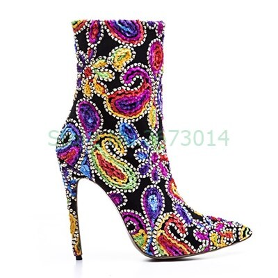 Paisley Crystal Studded Flower Stiletetto Heel Side Zipper Ankle Boots