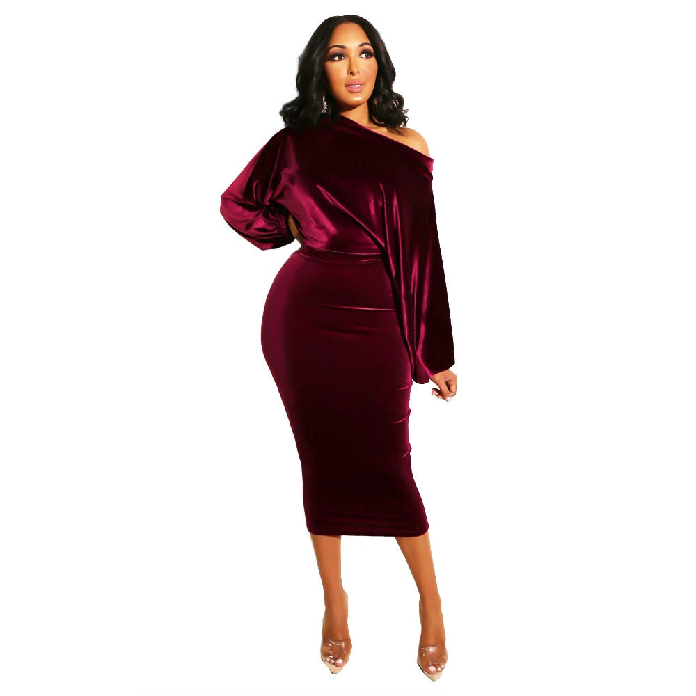 Velvet Off-the-Shoulder Long Sleeve High Waist Bodycon Dress