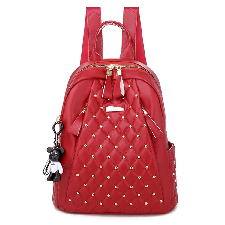 Vintage Leather Embossed Diamond Lattice Studded Quilted Solid Color Ladies Backpack