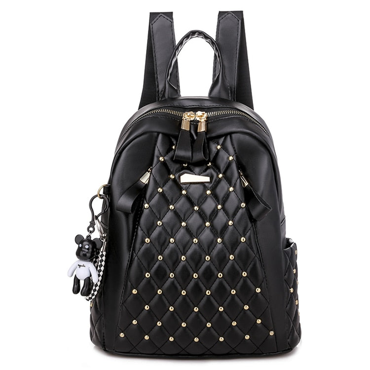 Vintage Leather Embossed Diamond Lattice Studded Quilted Solid Color Ladies Backpack