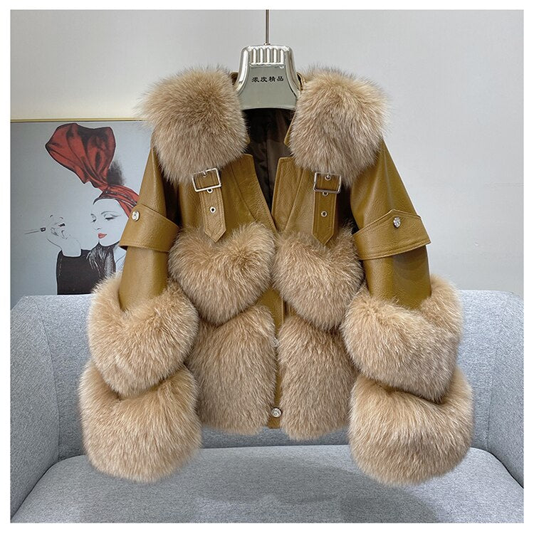 Fox Fur Short Sheepskin w/ Fox Fur Collar Buckle Heart Jacket