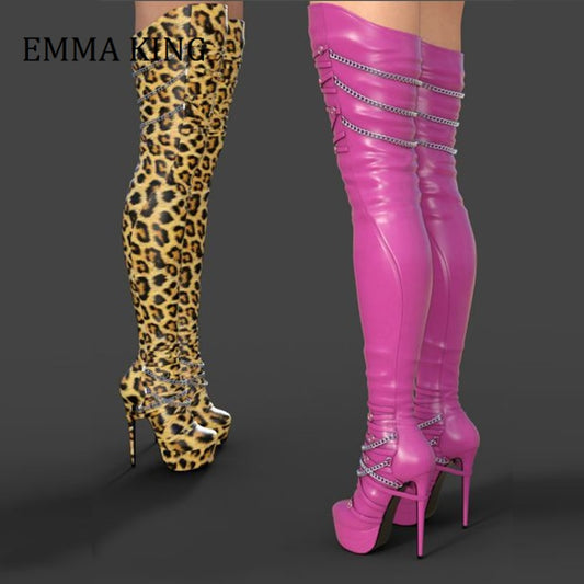 Leopard/Solid Color Platform Chain Stiletto Faux Stretch Leather Over-the-Knee Boots