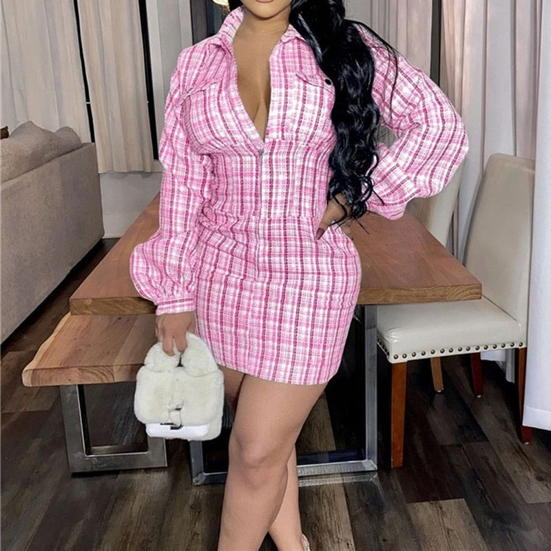 Plaid Print Puff Long Sleeve Wrap Mini Dress