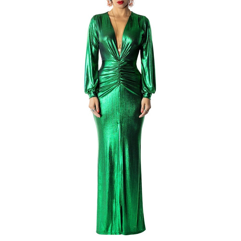 Green Ruched Pleated High Slit Deep V-Neck Pleated Formal Party Evening Gown Maxi Dress