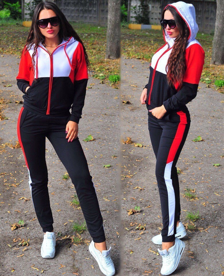 Skinny Ladies Colorblock Hoodie Sweatshirt + Side Stripe Tracksuit