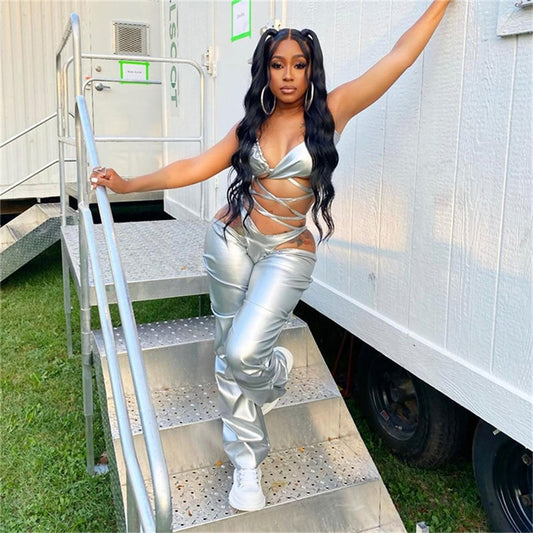 Faux Leather Stacked Ruched Metallic/Solid Color Women's Low Elastic Waist Pants