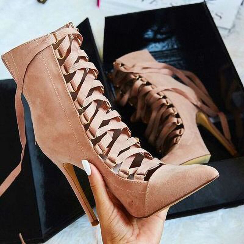 Cross-Tied Stiletto Heel Back Zipper Pointed Toe Ankle Boots