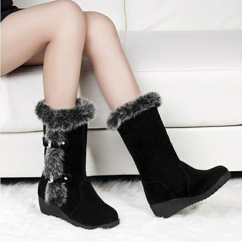 Faux Fur Mid-Calf Round Toe Flat Snowboots