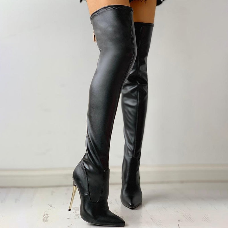 Women's Over The Knee Zip Thin Heel Pointed Toe Boots