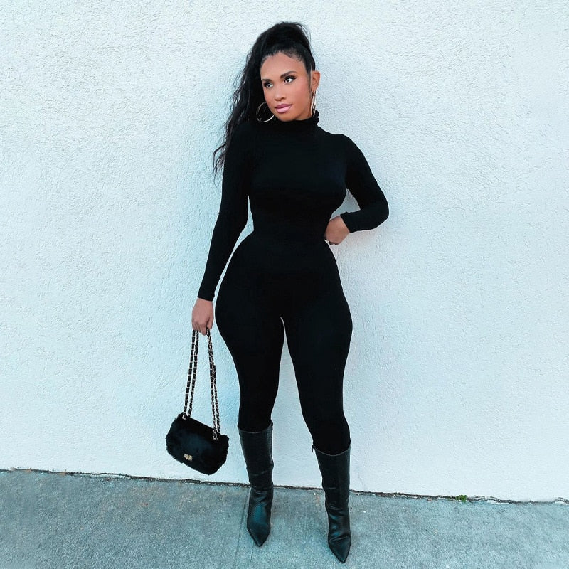 Fitness Ladies Solid Turtleneck Skinny Bodycon Jumpsuit