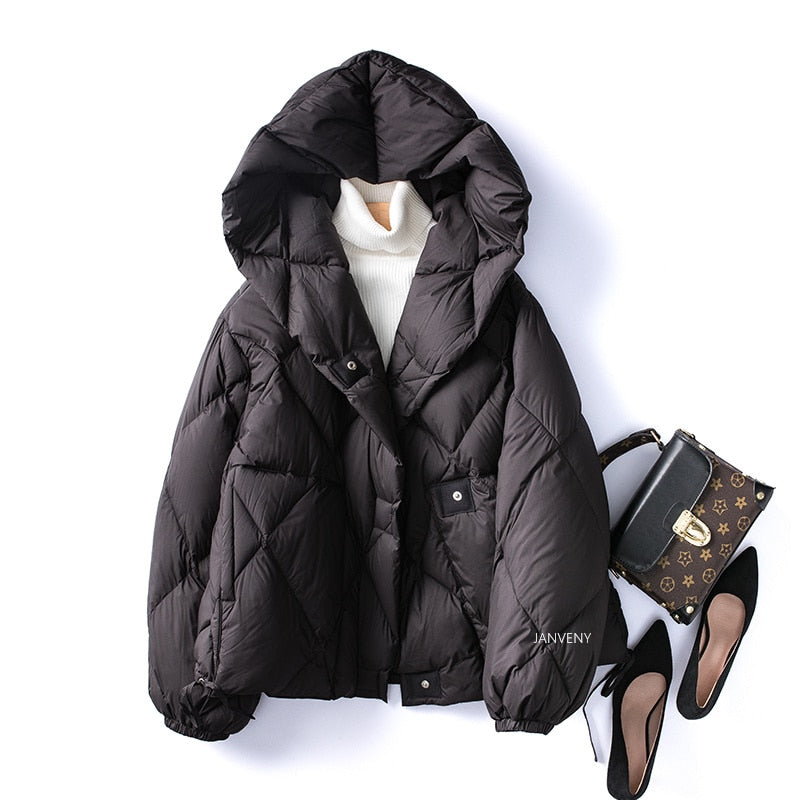 90% Duck Down Short Jacket Women Thick Warm Loose Cocoon Type Hooded Diamond Puffer Jacket