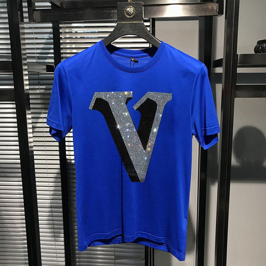 Men's Rhinestone V Emblem Slim Short Sleeve T-Shirt