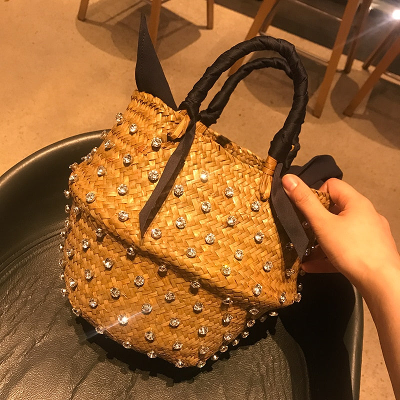 Handmade Crystal Woven Basket Diamond Clutch Straw Bag