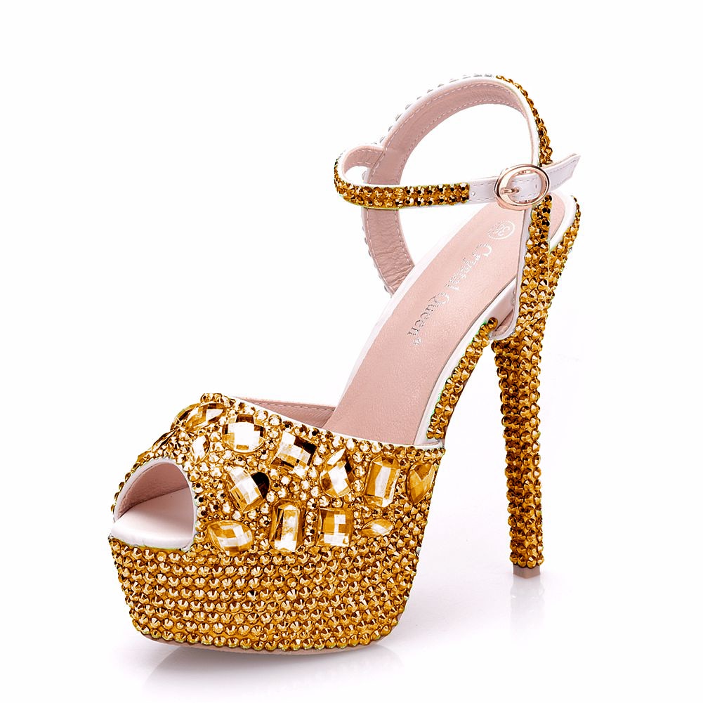 Rhinestone Crystal Peep Toe High Platform Ankle Strap Stiletto Stripper Pumps