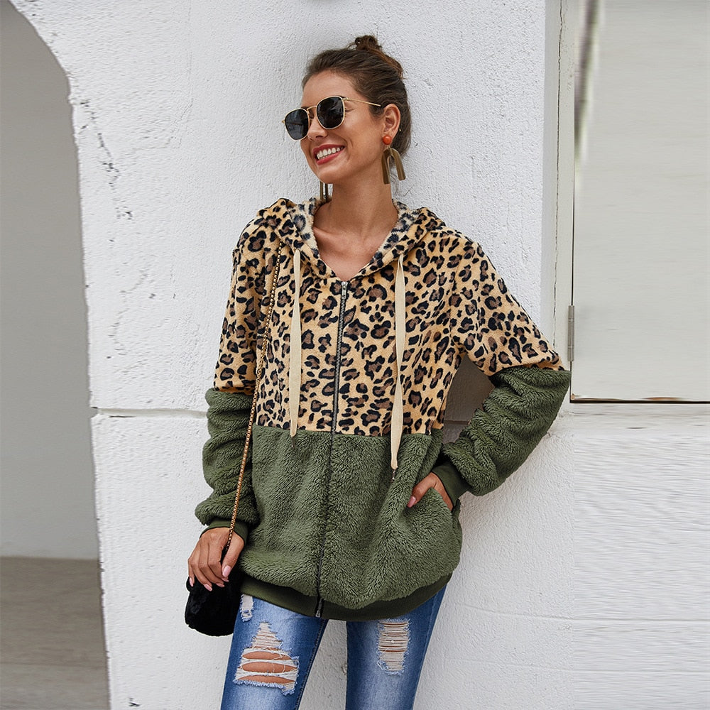 Leopard/Colorblock Women's Long Sleeve Zipper Hoodie Jacket