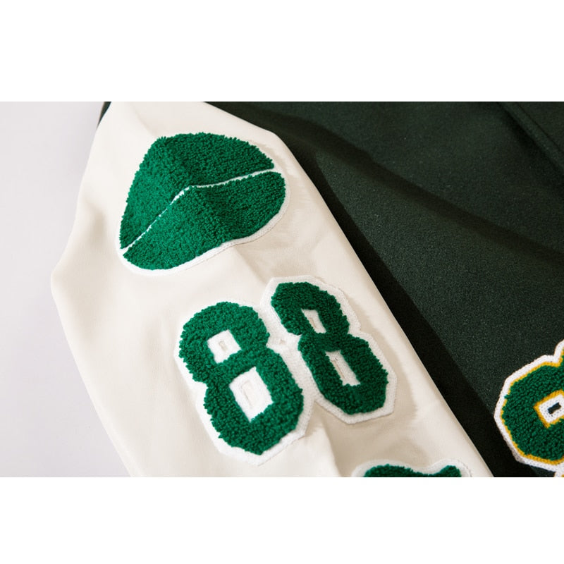 Men's Hip-Hop Furry Sleeve Letter Print Embroidered Baseball Varsity Letterman's Jackets