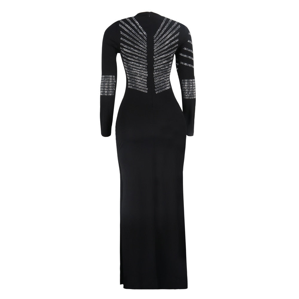 Metallic African Maxi Sequined O-Neck Long Sleeve Evening Party Dress