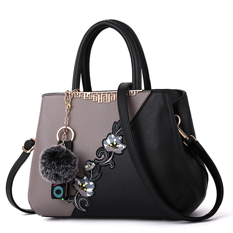 Colorblock Embroidered Messenger Leather Handbag