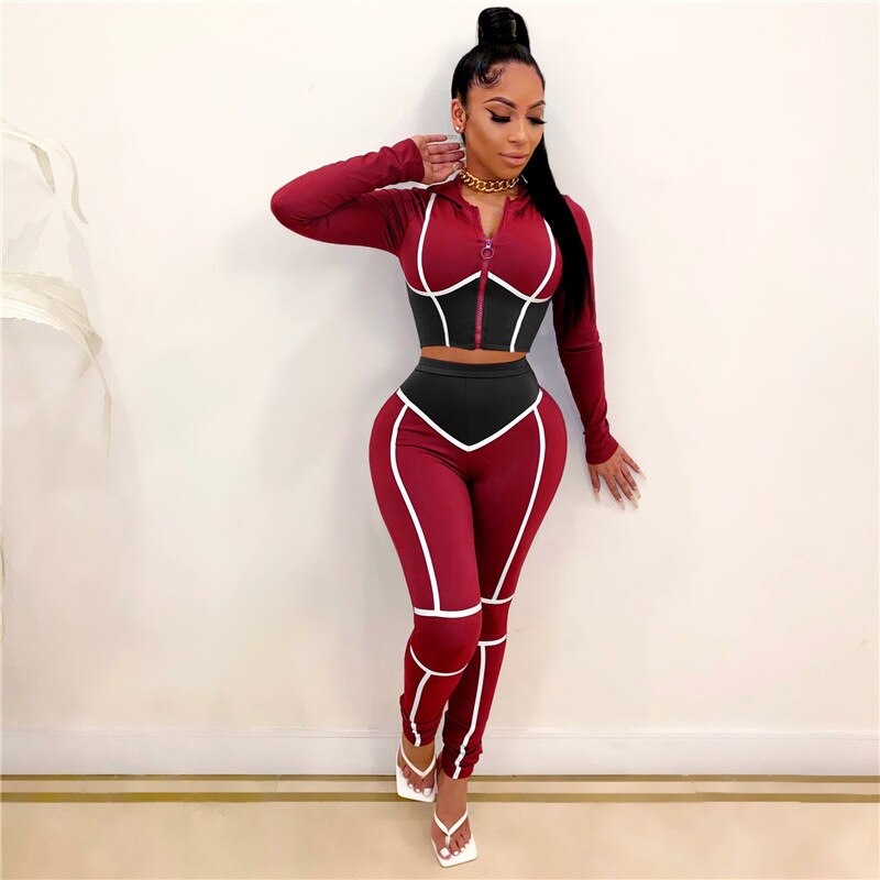 Caged Colorblock Zip-Up Cropped Hoodie & Pants Women's Tracksuit