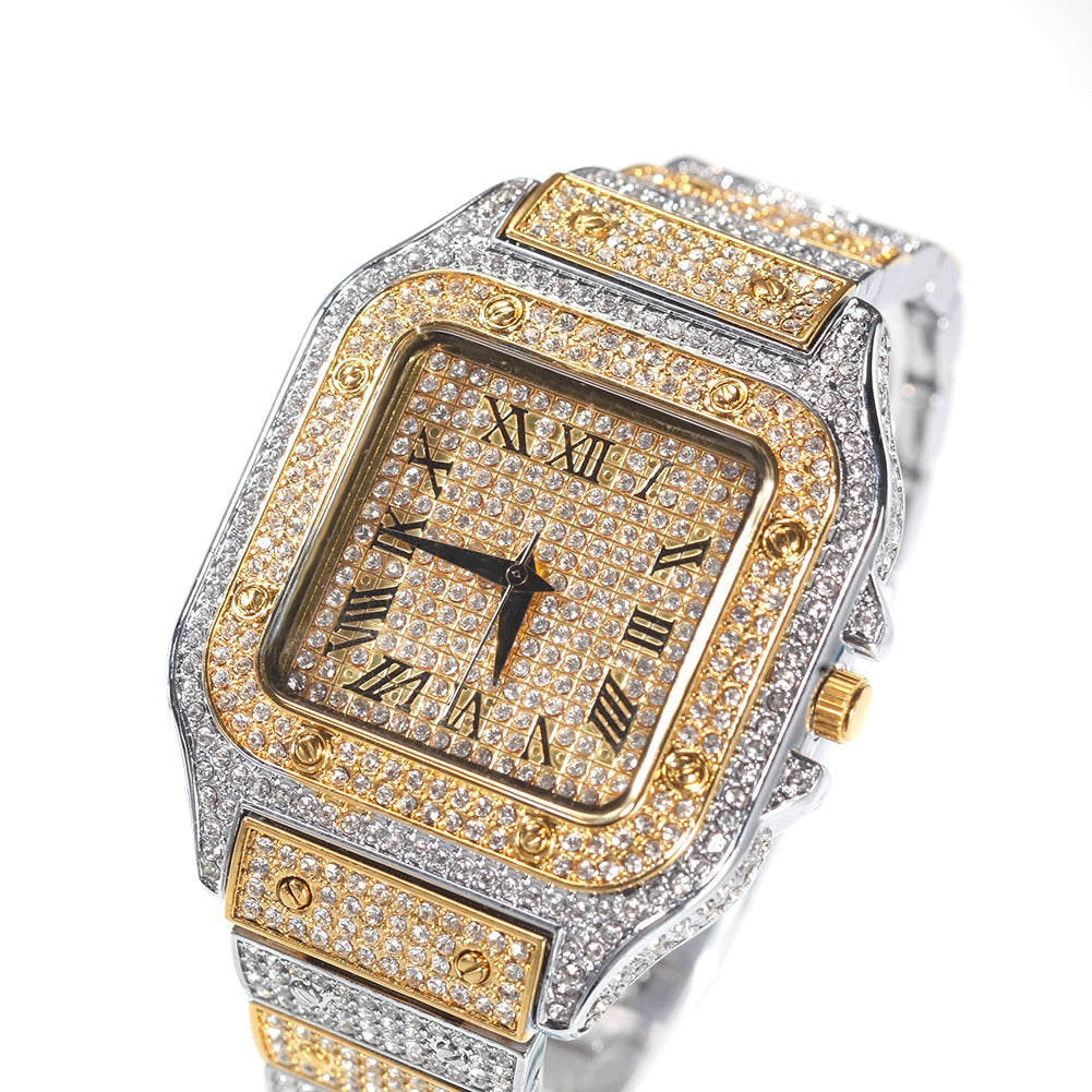 Hip Hop Full Iced Out Full Drill Square Stainless Steel Rhinestones Quartz Square Watch