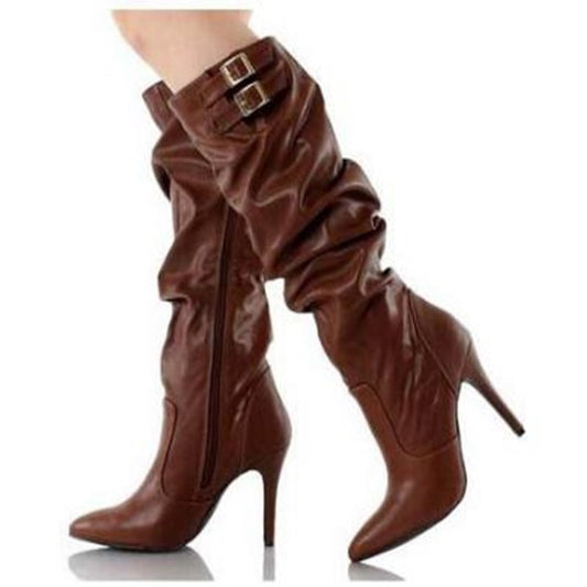 Ruched Leather Buckle Pointed Toe High Heels Knee High Zipper Boots