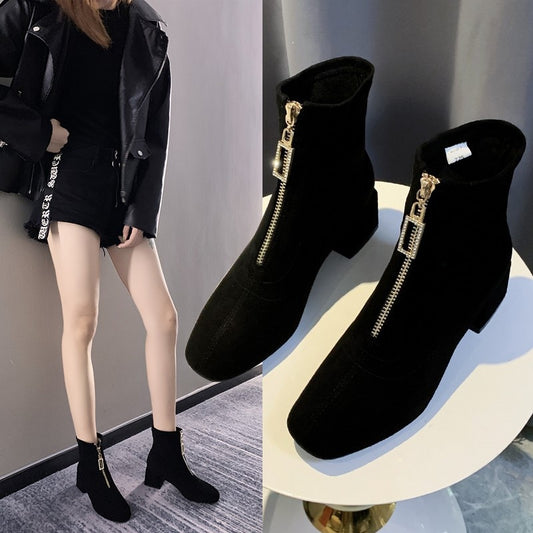 Square Heel Zipper Front Ankle Boots