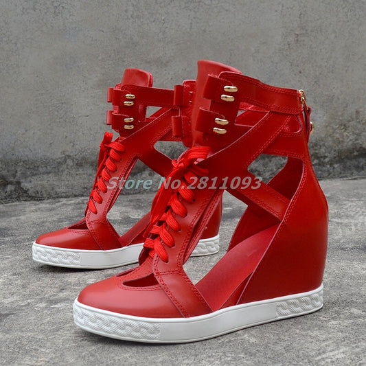 Cut-Out Lace Up Round Toe Solid Red Real Leather Back Zipper Ankle Boots