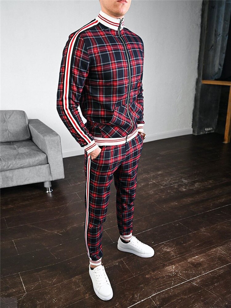 Men's Plaid/Geometric O-Neck Printed Zipper Jacket Tracksuits