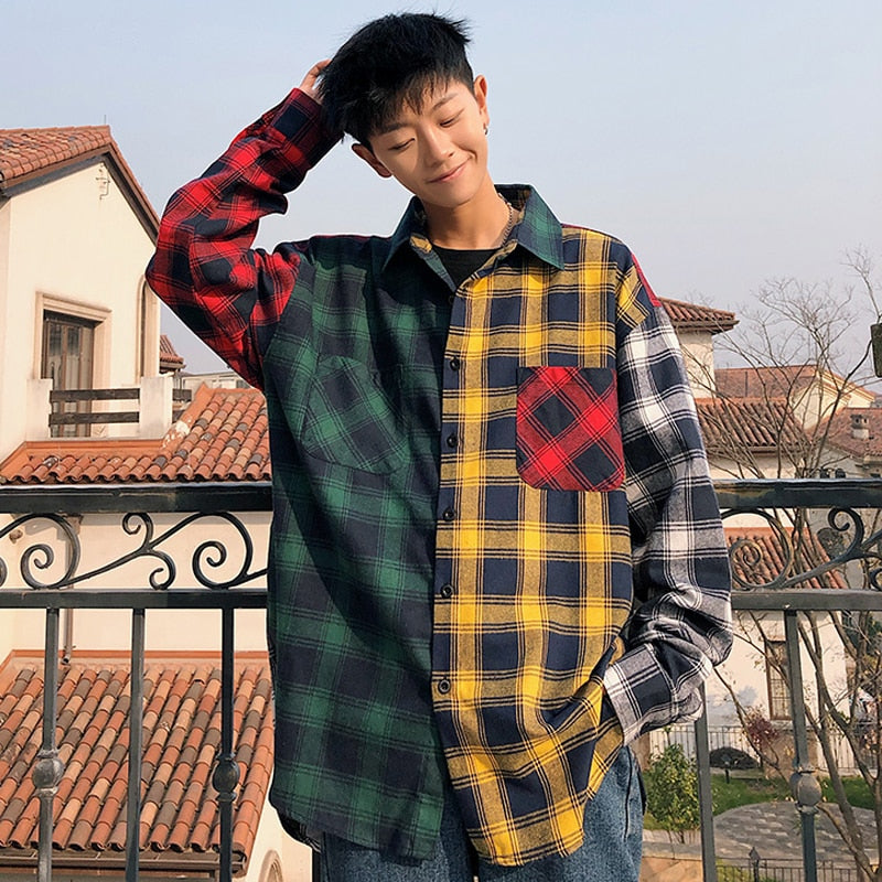 Men's Oversized Cotton Plaid Patchwork Button Up Long Sleeve Shirt