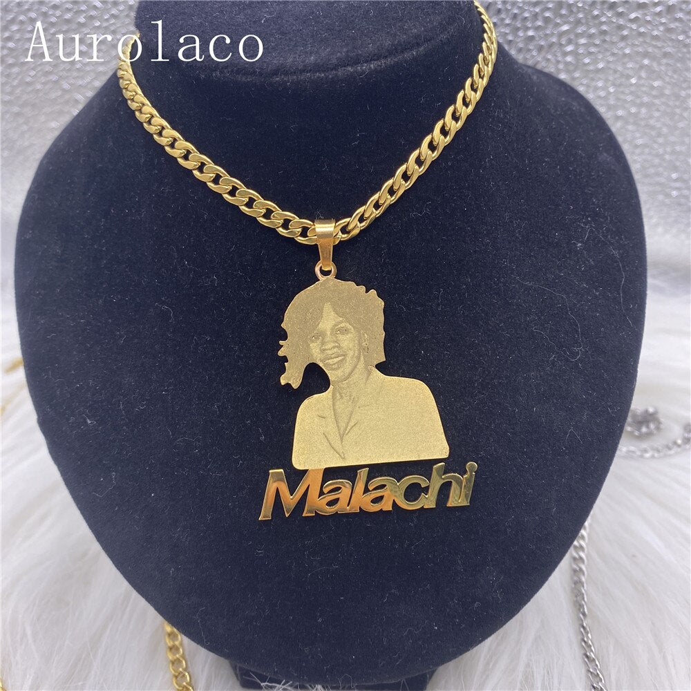 Customized Photo & Cursive Name Pendant Personalized Picture Portrait Nameplate Necklace Chain