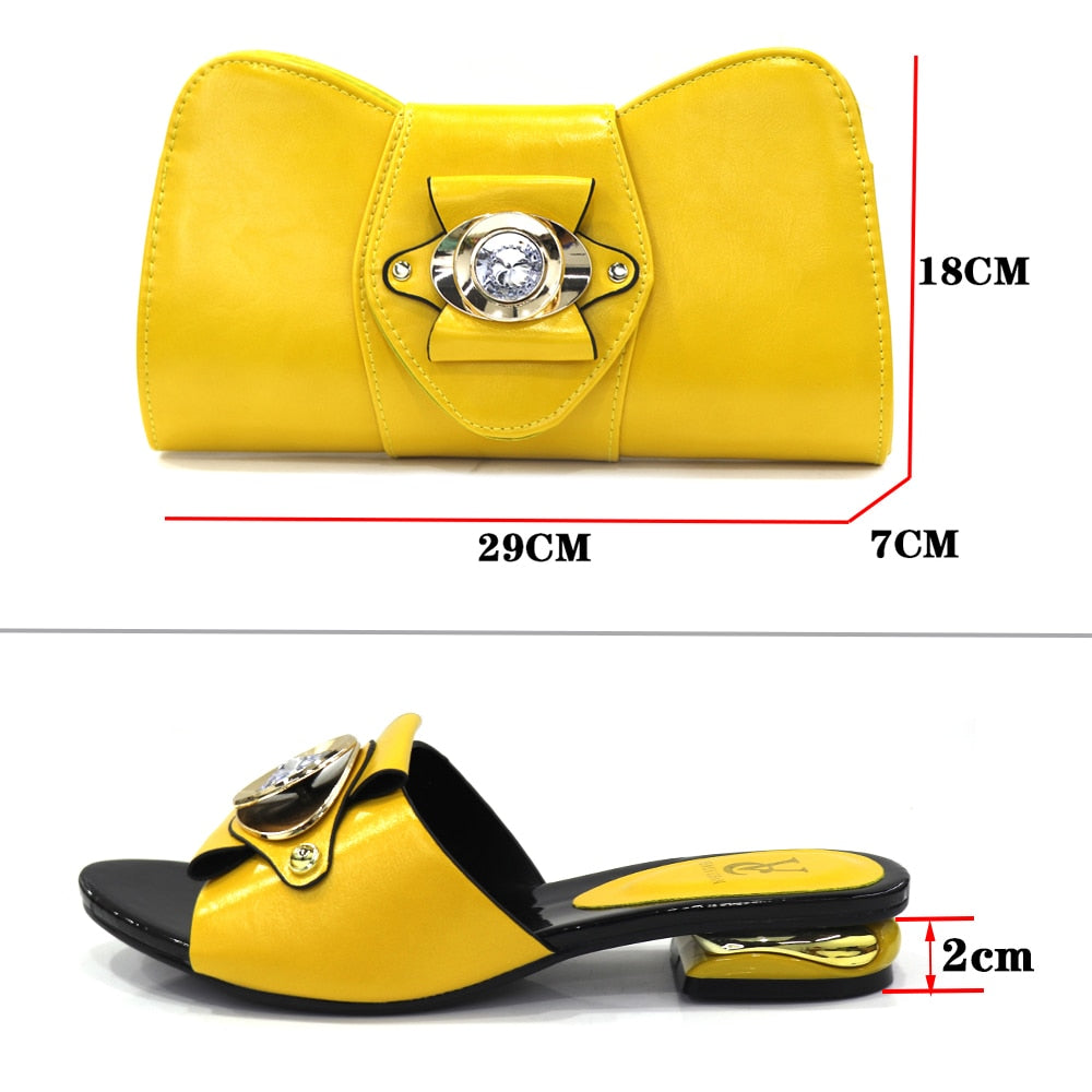 Solid Women's Italian Designer Leather Flat Buckle/Ruched Rhinestone Sandals & Matching Clutch Shoe & Purse Set