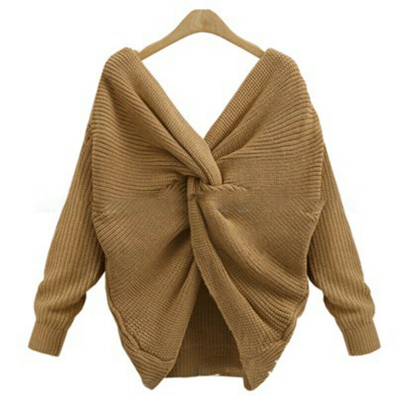 Twist Wrap Back Cross Knot Long Sleeve V-Neck Knitted Sweater