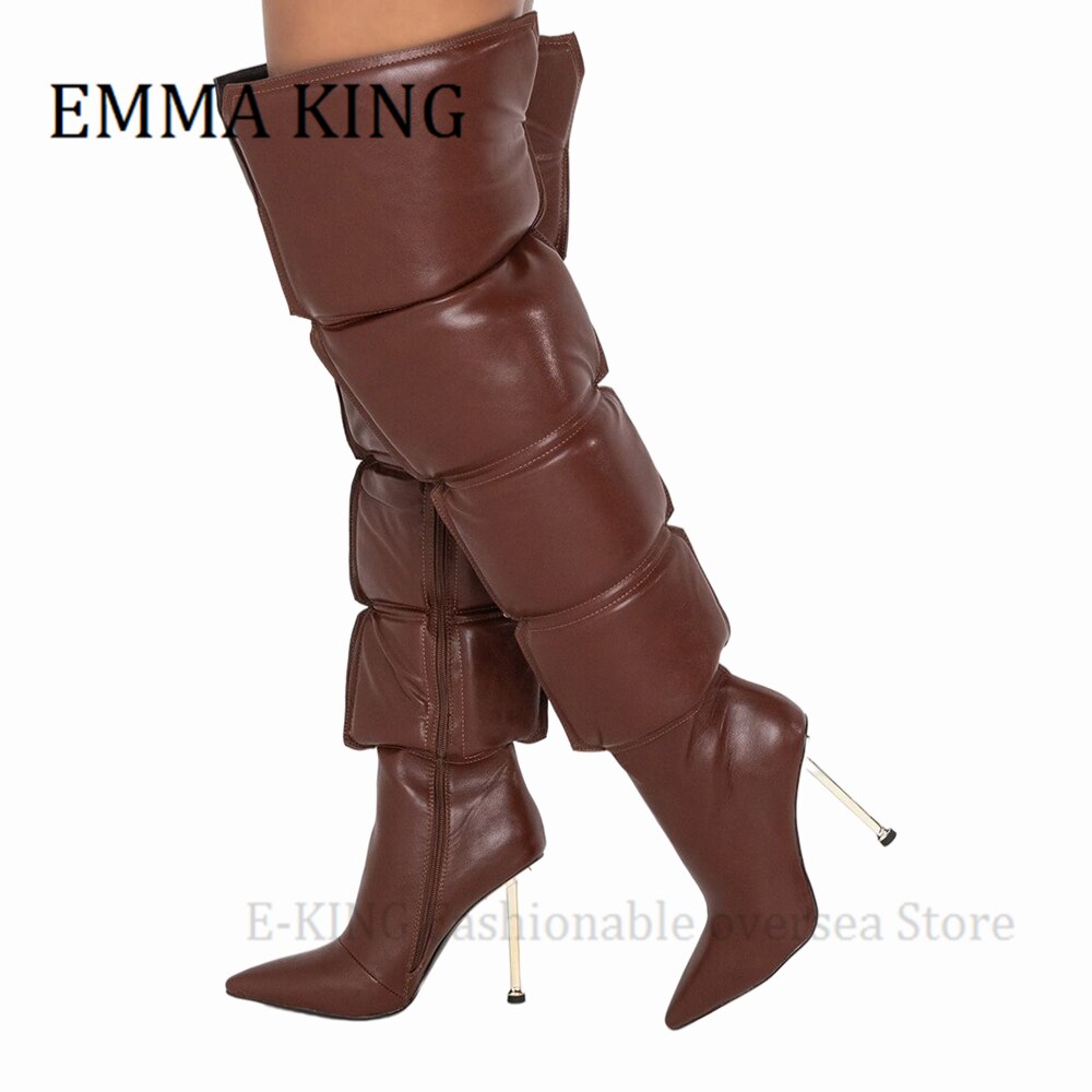 Puffer Shaft Over-the-knee Metallic Stiletto Ankle Zipper Thigh High Boots