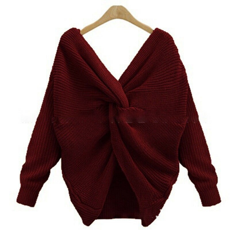 Twist Wrap Back Cross Knot Long Sleeve V-Neck Knitted Sweater