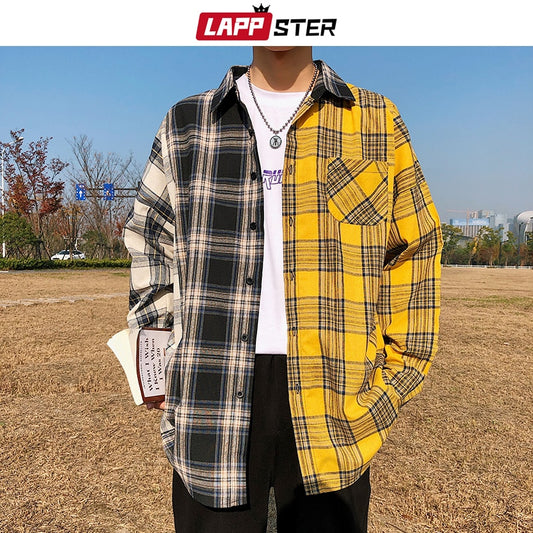 Men's Oversized Cotton Plaid Patchwork Button Up Long Sleeve Shirt