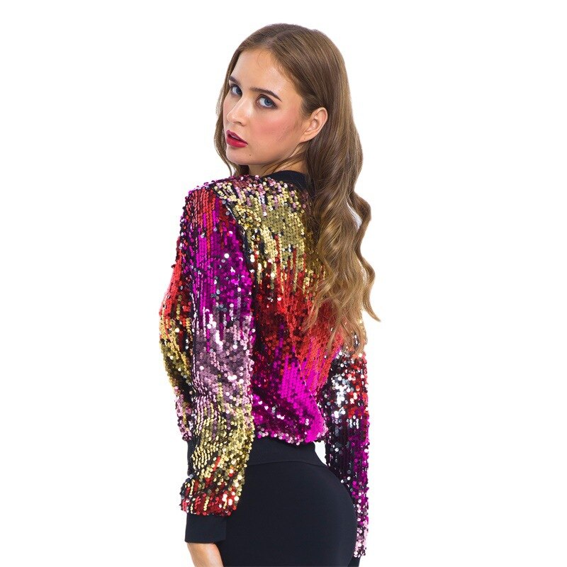 Sequin Gradient Beaded Zipper Cardigan Bomber Jackets