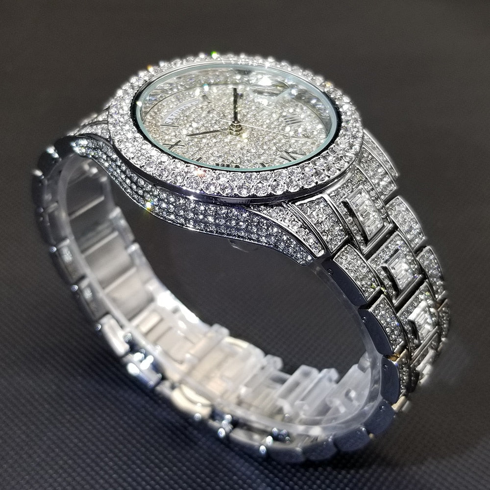 Full Diamond Silver Quartz Wristwatch Hip Hop Iced Out Waterproof Watch