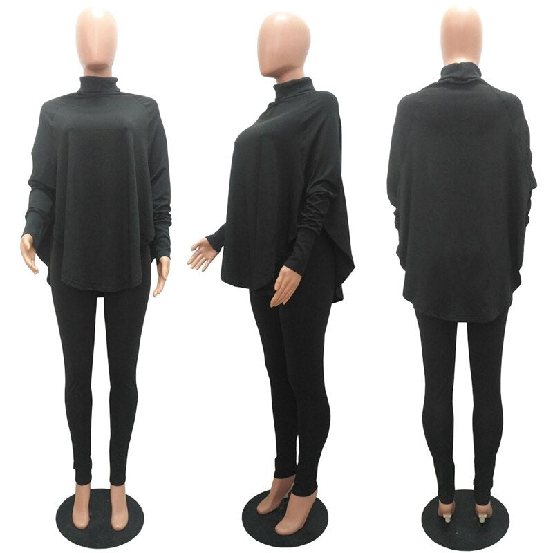 Batwing Long Sleeve Oversize Turtleneck Top & Bodycon Pant 2-Piece Set to 3X Plus