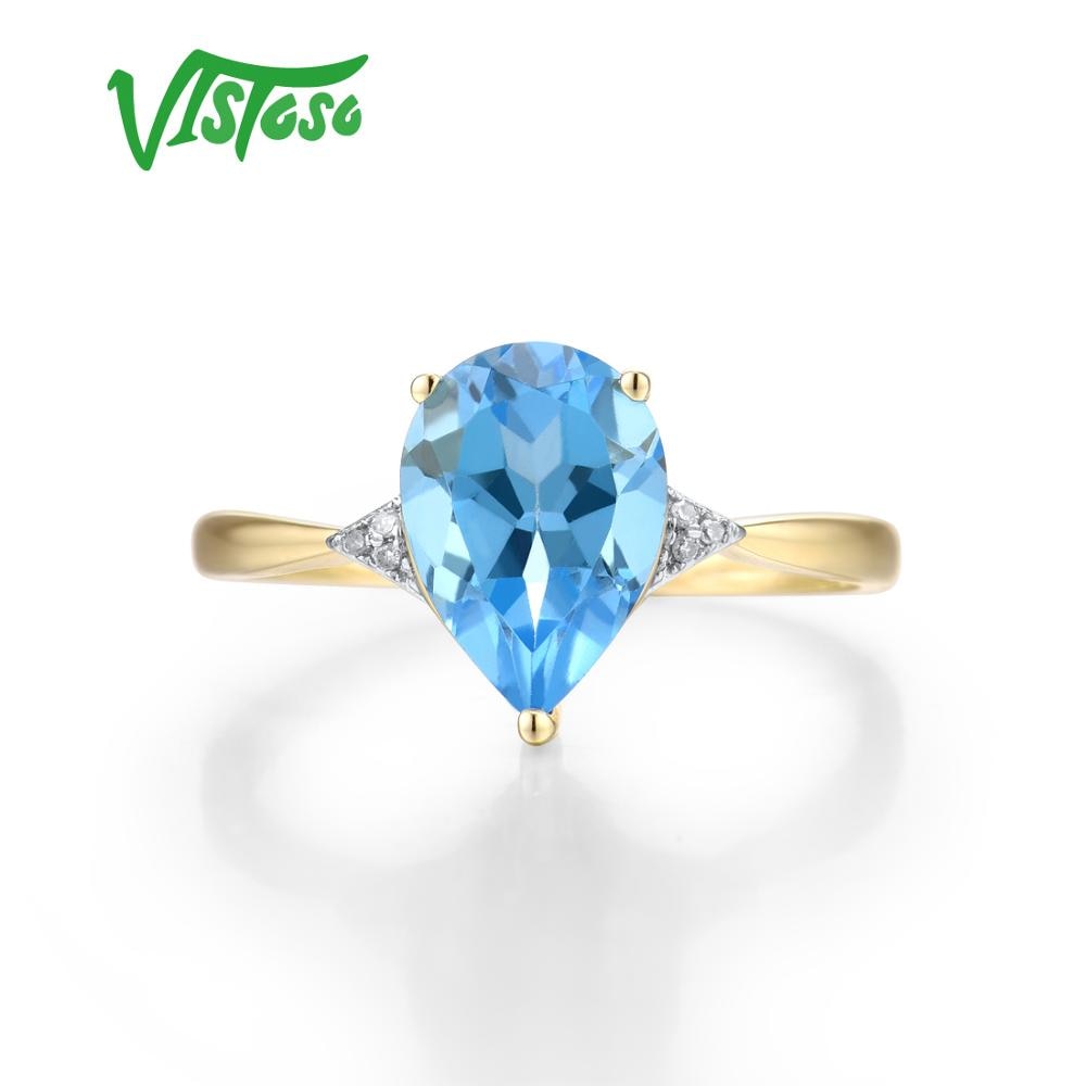 Water Drop Style Swiss Blue Topaz & Diamond Pure 14K Yellow Gold Ring