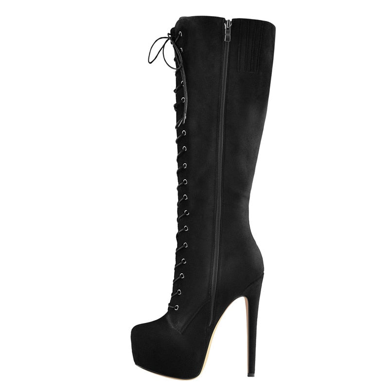 Lace-Up Round Toe Stiletto Platform Zipper Knee High Boots