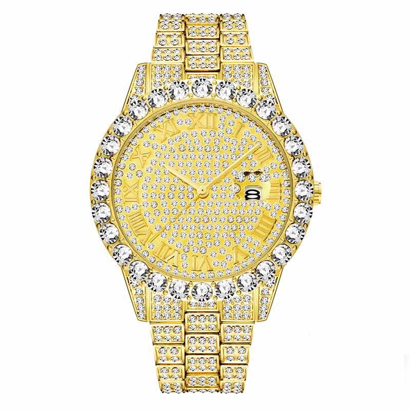 Sparkling Men's 18k Gold Plated Classic Hexagon Big Diamond Watch