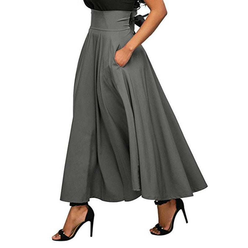 Ruffle A-Line Flared Pleated Maxi Skirt w/ Pockets