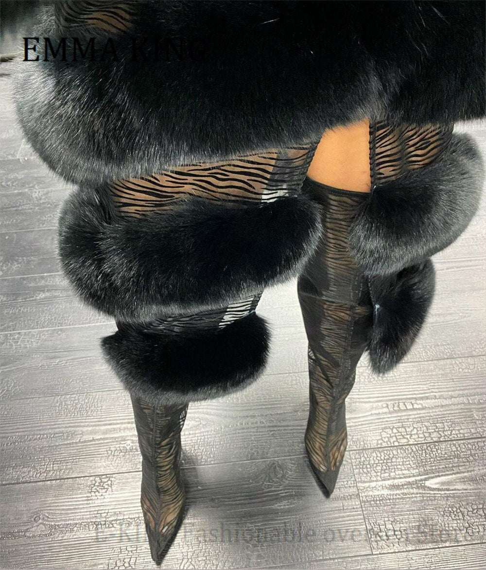 Transparent Mesh Fur Leopard Stiletto Zipper Back Over-the-Knee Boots